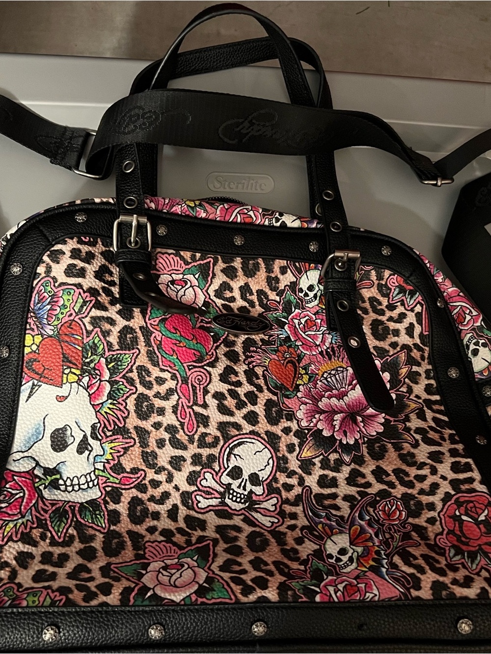 Ed Hardy Leopard Print Skull & Floral Shoulder Bag in Black and Pink